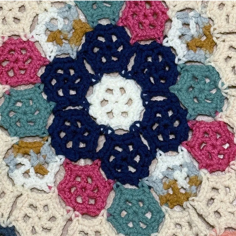 Vintage Handmade Crochet Granny Square Blanket Throw Floral Multicolor 75" x 75" - Picture 4 of 12